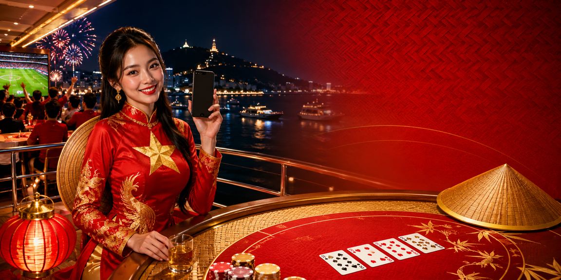 Người dùng tại Vũng Tàu chơi baccarat trực tuyến bên bờ biển với chiếc nón lá